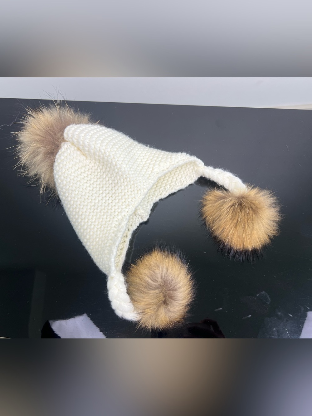 Navarro Kids White Knit Hat with Detachable Real Fur Pom Poms